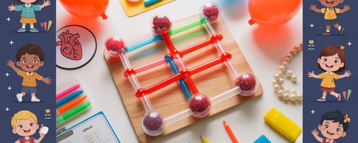 STEM setup with straw circulatory model, cartoon kids, anatomical heart, on white table.
