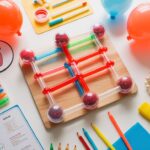 STEM setup with straw circulatory model, cartoon kids, anatomical heart, on white table.