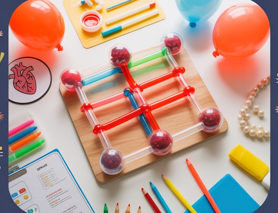STEM setup with straw circulatory model, cartoon kids, anatomical heart, on white table.