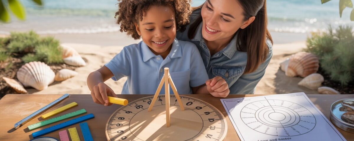 Student and teacher make a sundial in a sunlit garden, surrounded by science tools.