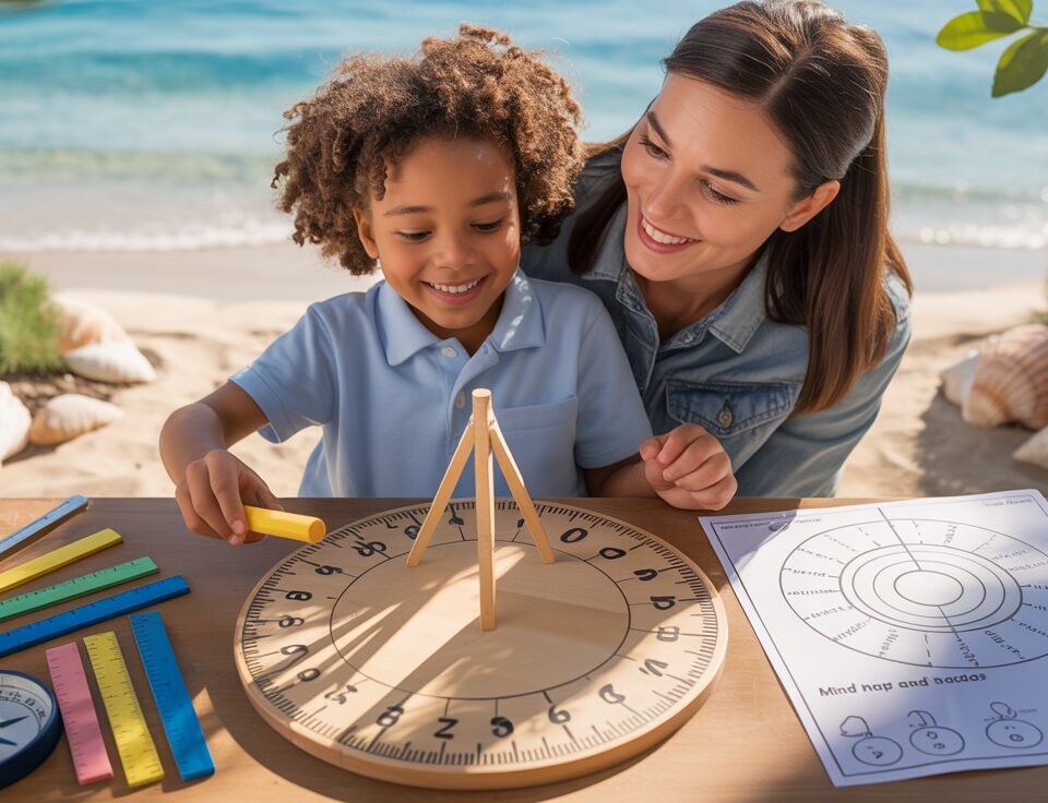 Student and teacher make a sundial in a sunlit garden, surrounded by science tools.