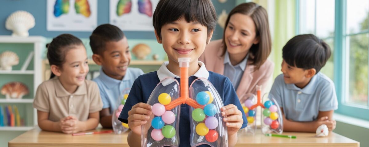 Young Asian student proudly holds DIY lung model in lively classroom.