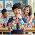 Young Asian student proudly holds DIY lung model in lively classroom.