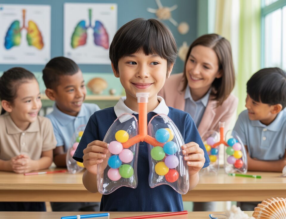 Young Asian student proudly holds DIY lung model in lively classroom.